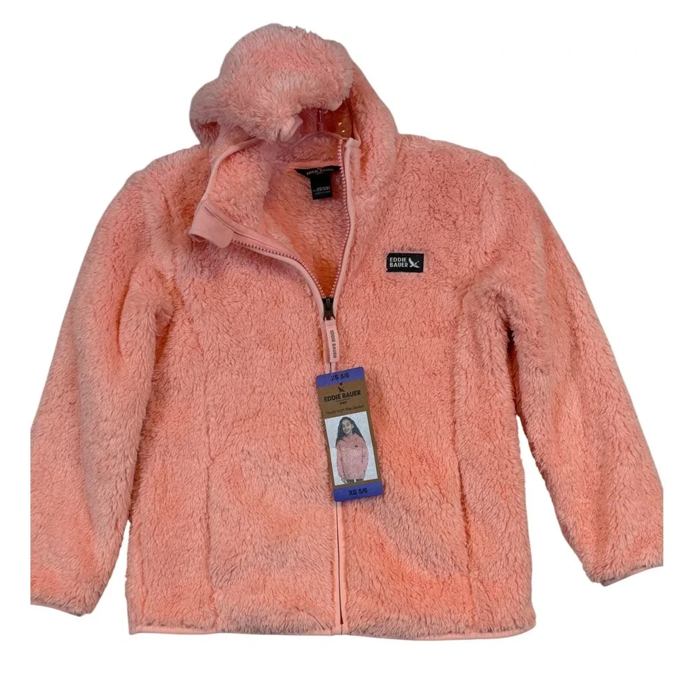 NWT Eddie Bauer Kids Pink High Pile Fleece‎ Hooded Jacket XS 5/6 Layering Teddy